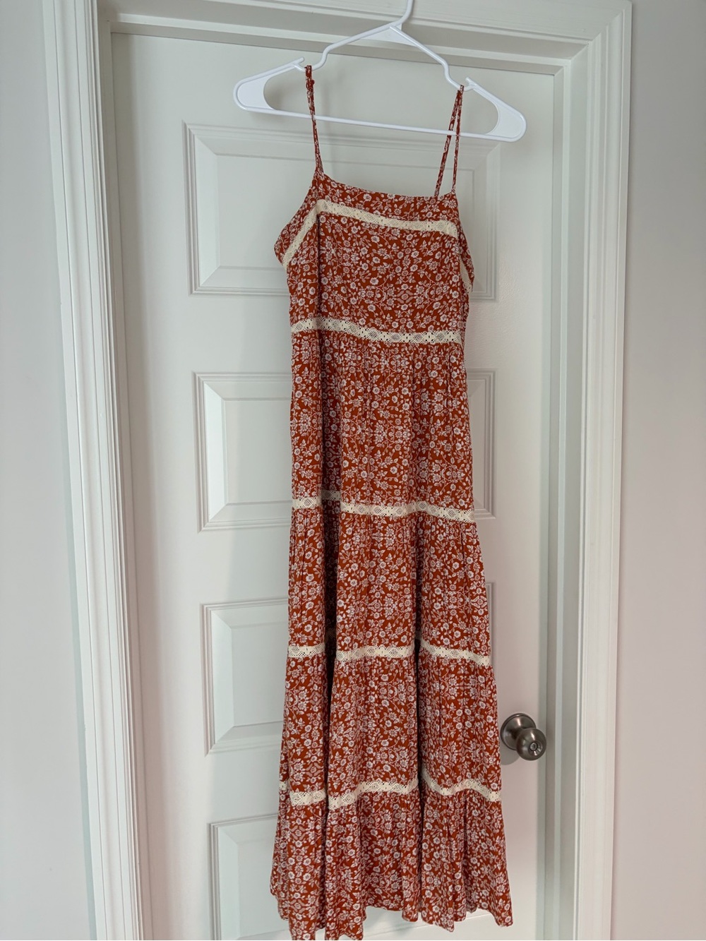 Rust Floral Maxi Dress with Cream Lace Accents